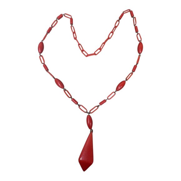 Antique 1920’s Art Deco Coral Geometric Celluloid Beads Flapper necklace Chain - Picture 3 of 5